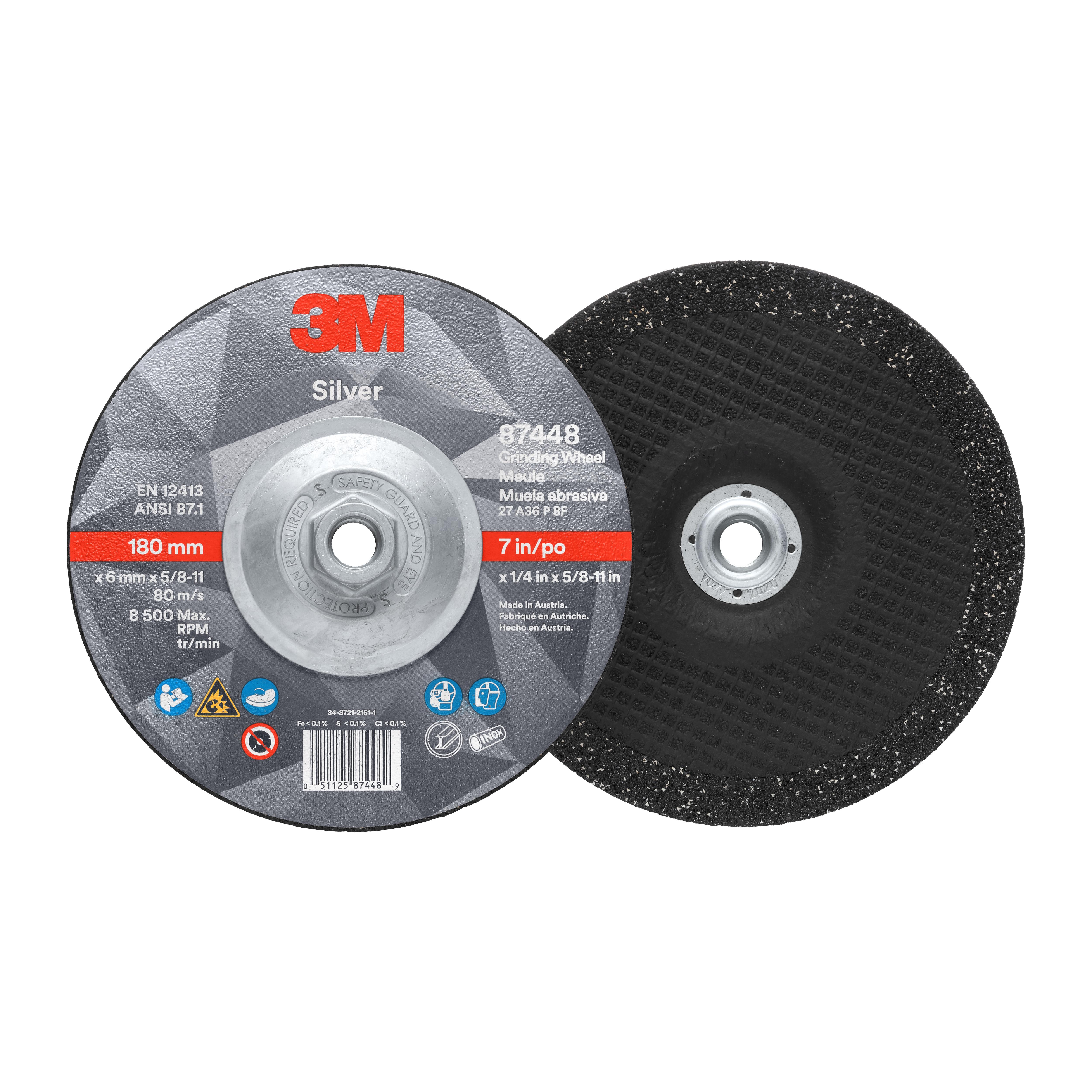 3M 7010412150 Type 27 Grinding Wheel, 7 in Dia Wheel x 1/4 in THK Wheel, 36 Grit, Ceramic Grain Abrasive - Depressed Center Wheels